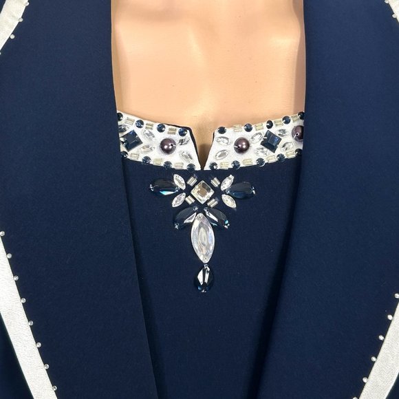 Beu Marc Womens 22 Navy Blue 2 Piece Skirt Suit Rhinestone Beaded Blazer Jacket‎ - Picture 5 of 15